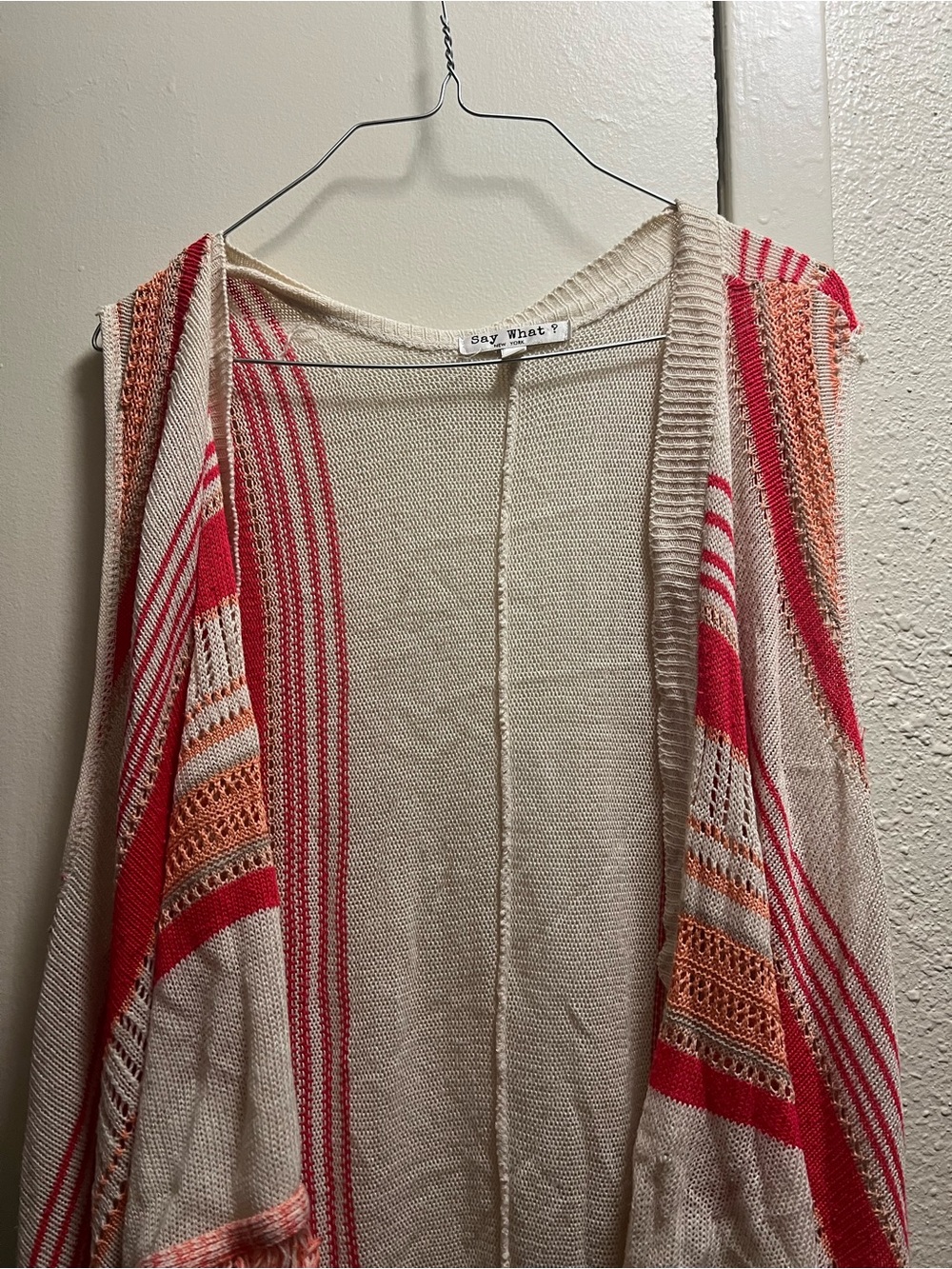 Say What? Cream Sleeveless Open Cardigan with Red and Coral Stripes